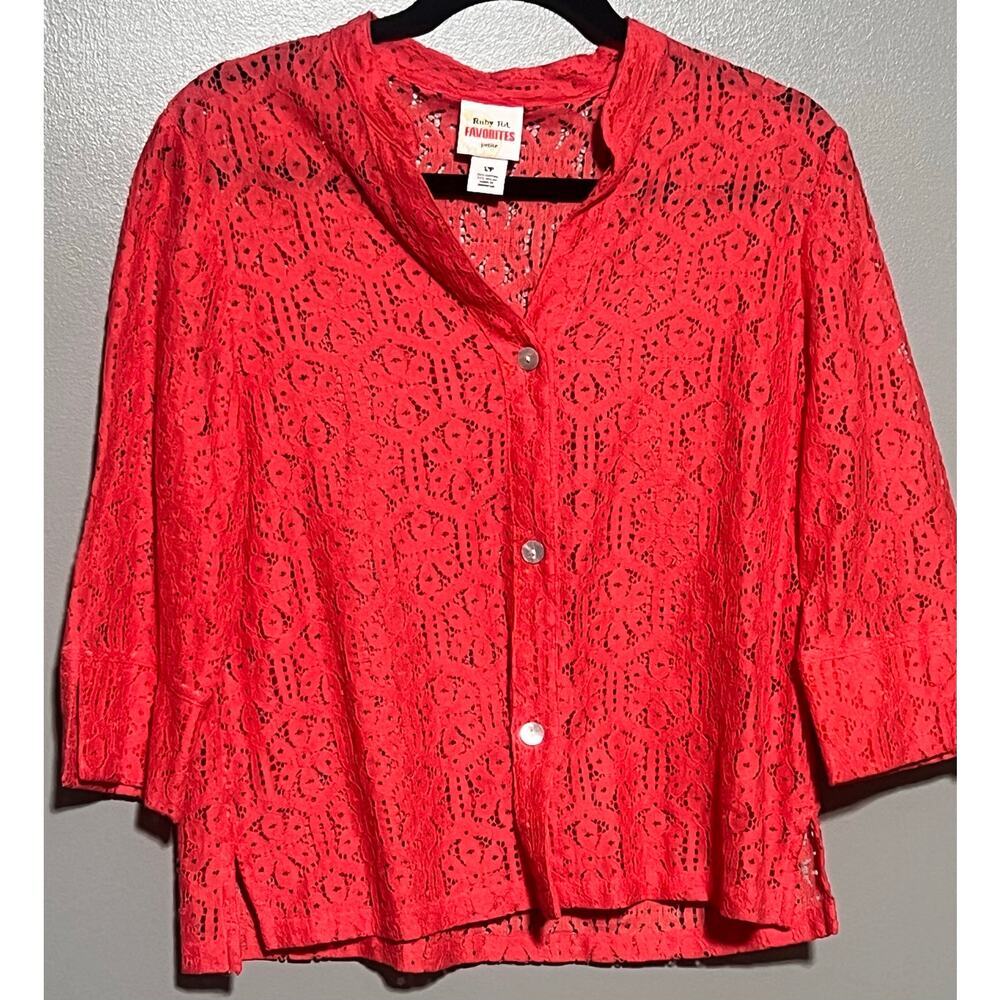 Ruby Road Favorites 12 petite Red Lace Button up‎ Blouse